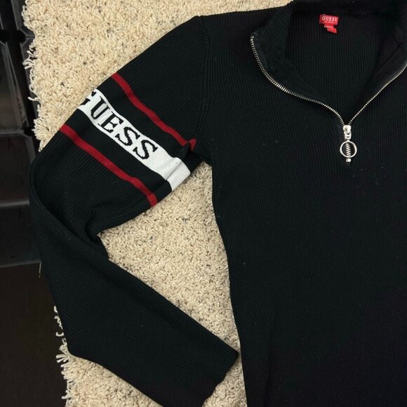 Guess Sweater Women Large Black Red Pullover 1/4 Zip Casual Knit Ladies w Logos - Picture 2 of 8